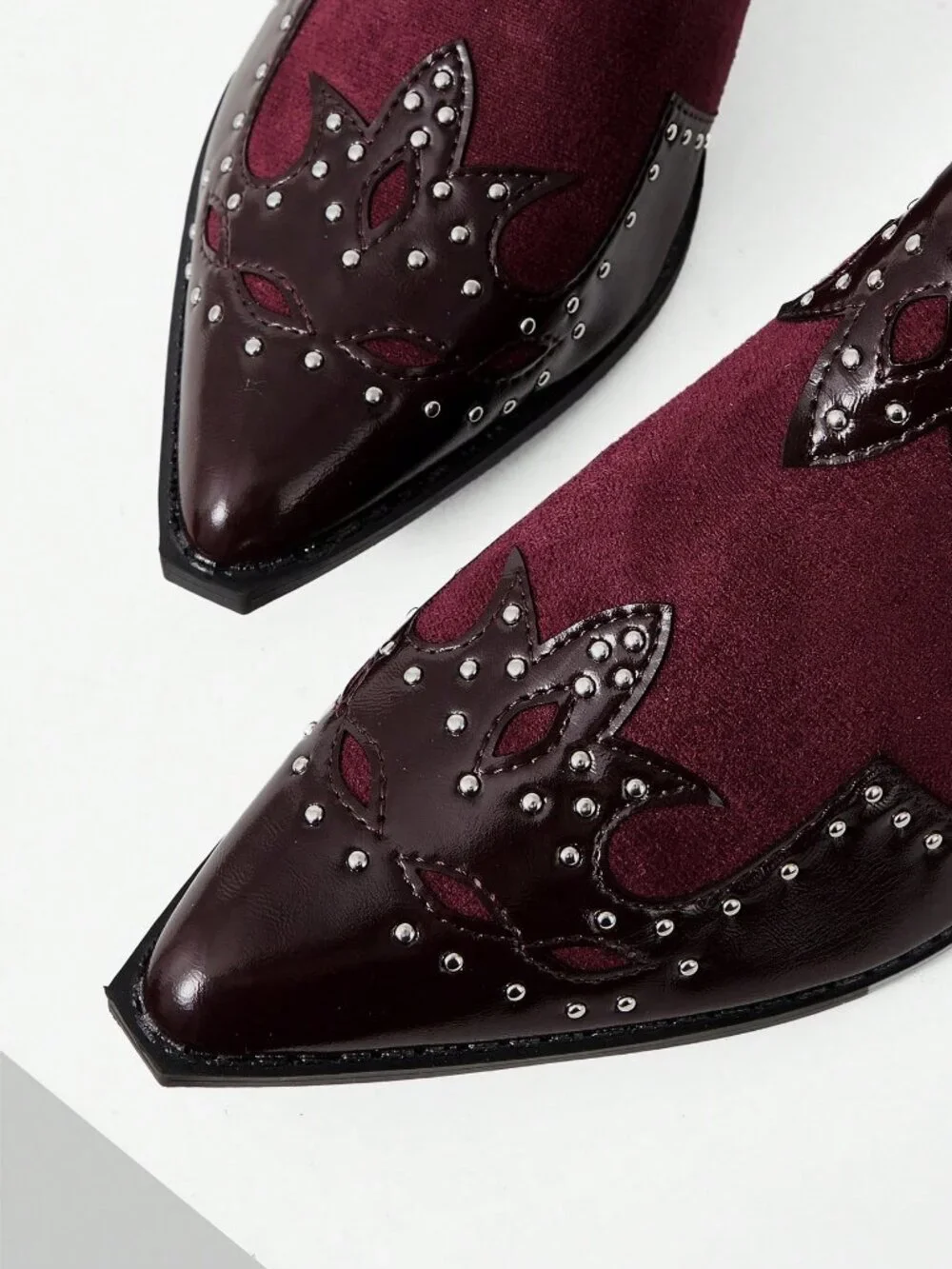 Burgundy Casual Women's Textured Patchwork Mule Chunky Heel Slip-On Shoes